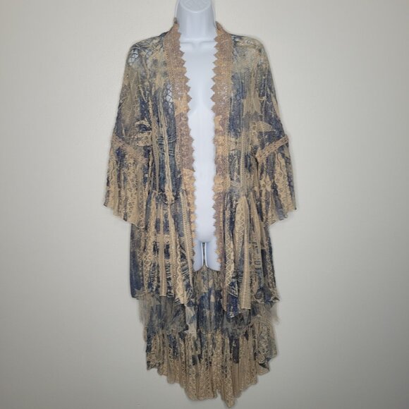 Origami grunge tan blue star print boho open front lace cardigan kimono medium - Picture 1 of 8